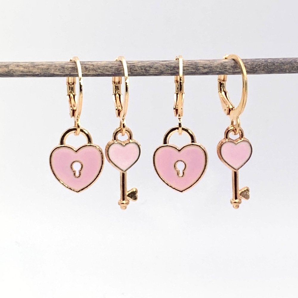 2 Pairs! BFF Pink Heart Lock and Key Huggies Earrings
